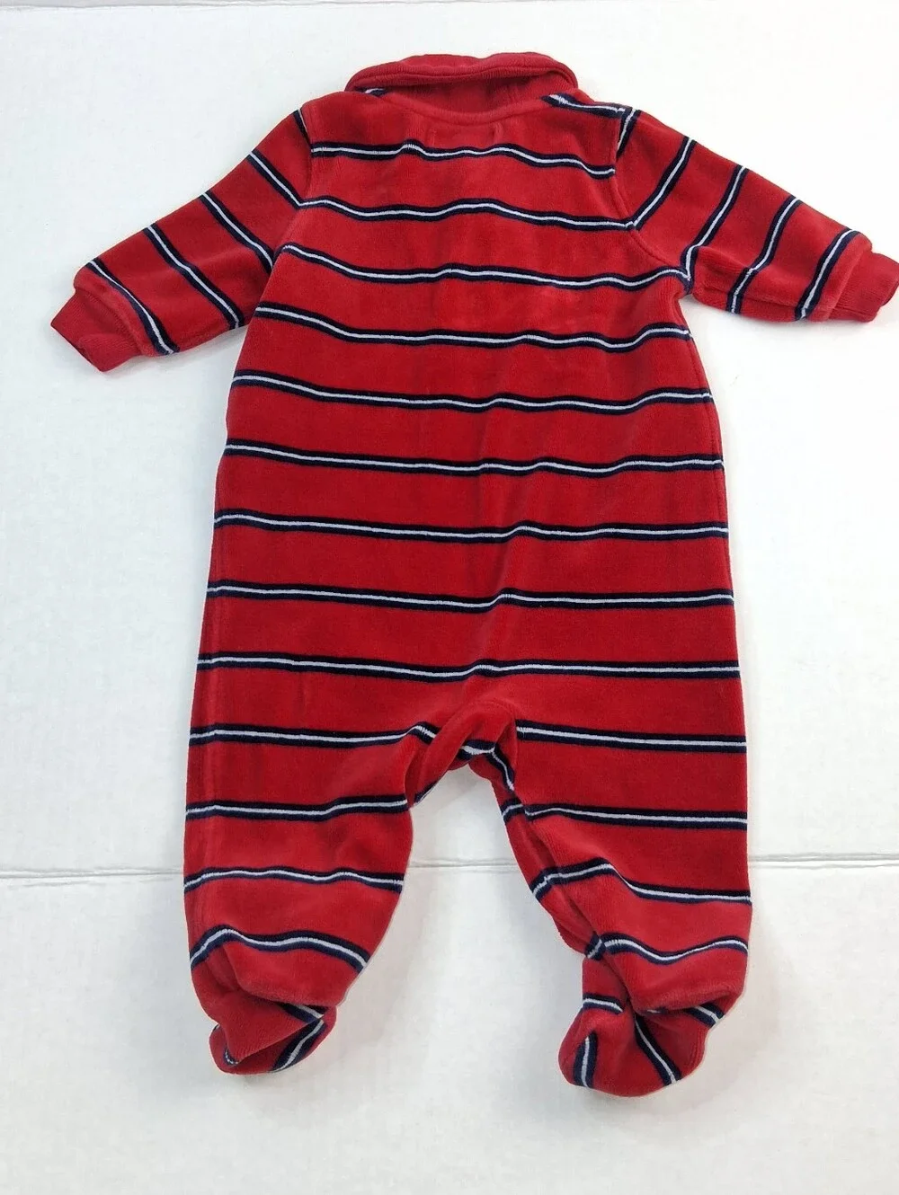 Ralph Lauren Red Navy Blue Stripe Shawl Collar Velor Footed Sleeper 3M